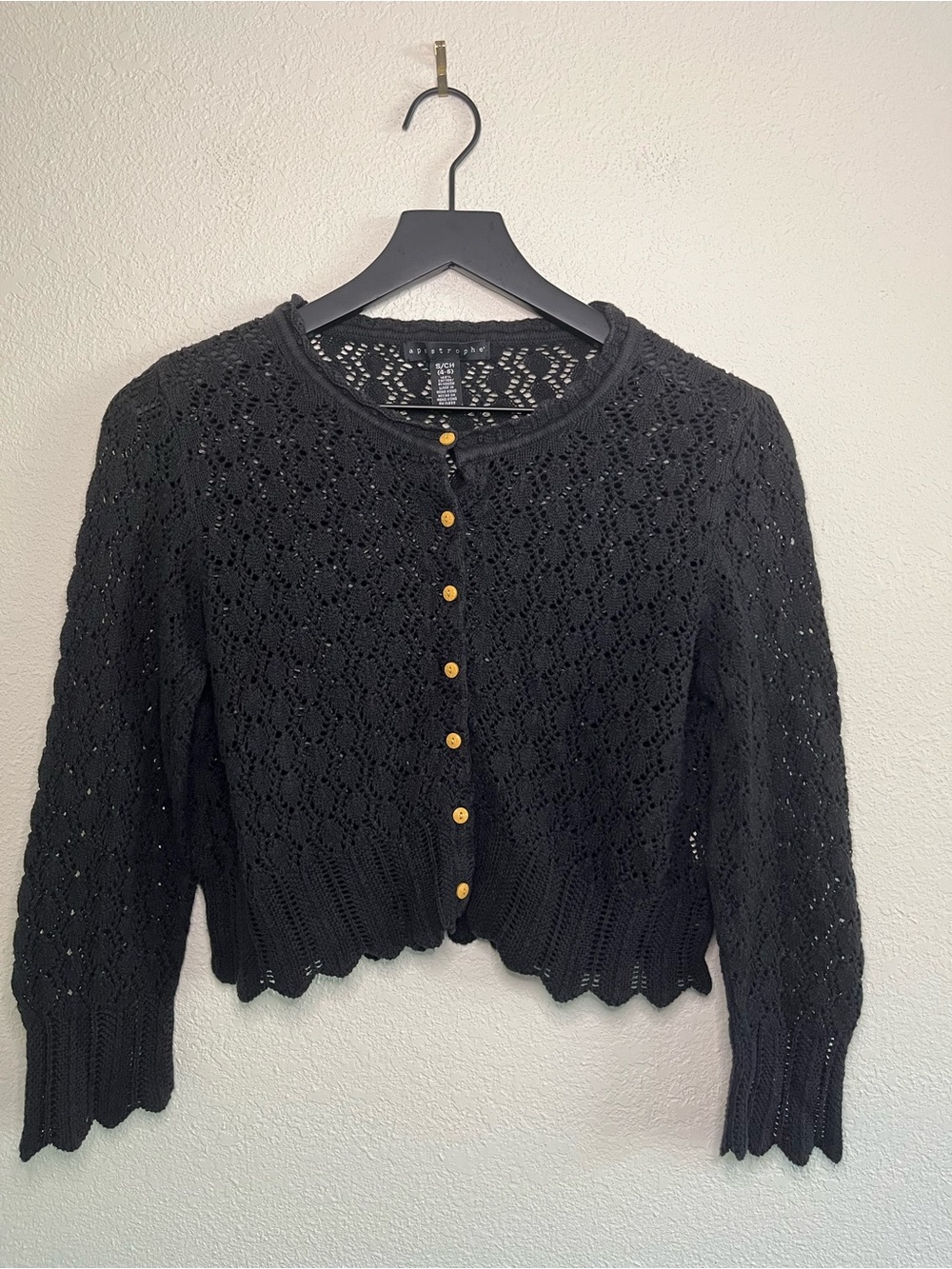 Apostrophe Boho Whimsy Black Crochet Button-Up Cardigan with Wood Like Buttons